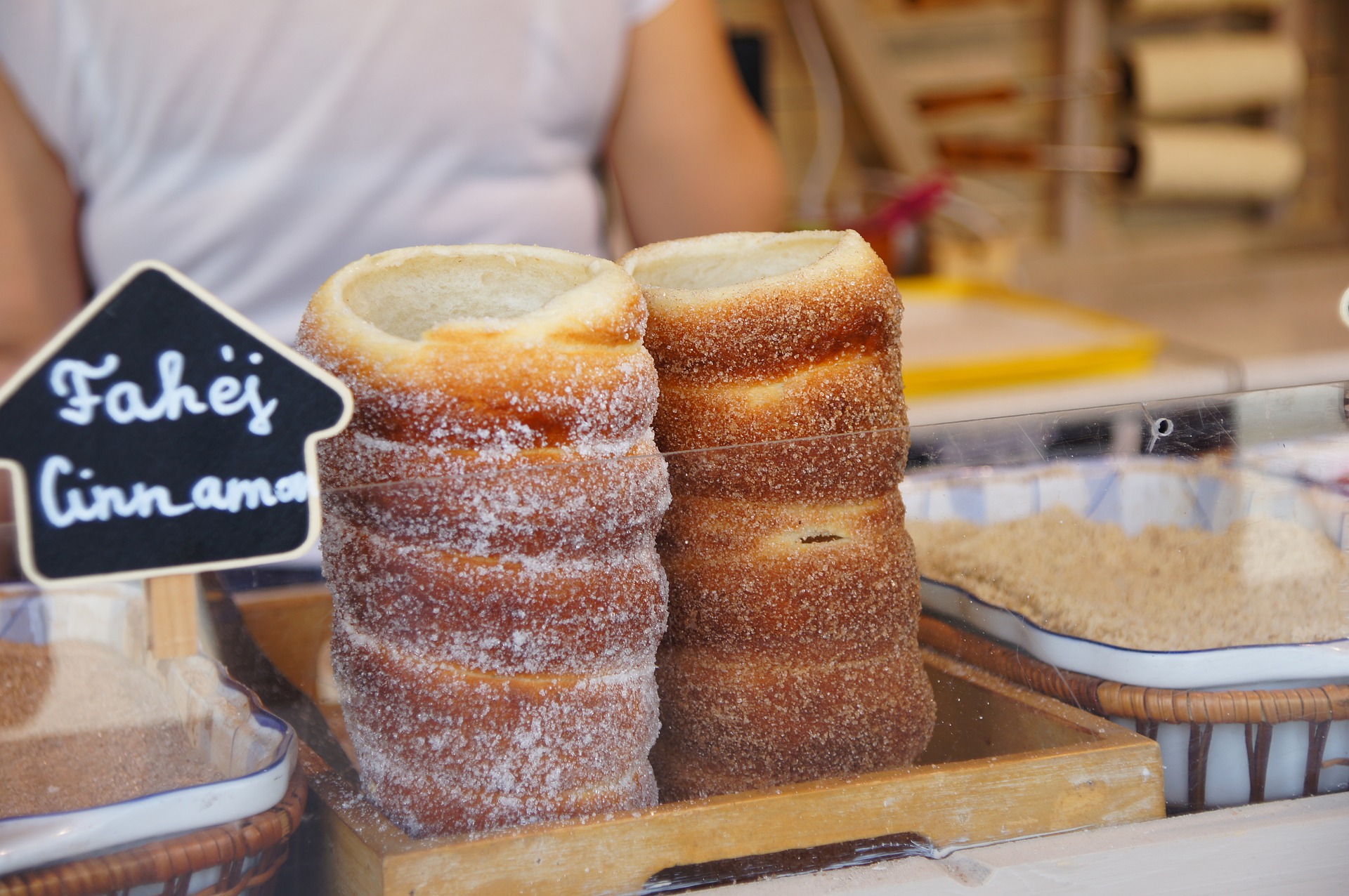 chimney cakes on display at bakery in Czech Republic