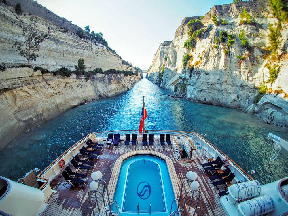Corinth Canal aboard Sea Dream Yacht, luxury cruise