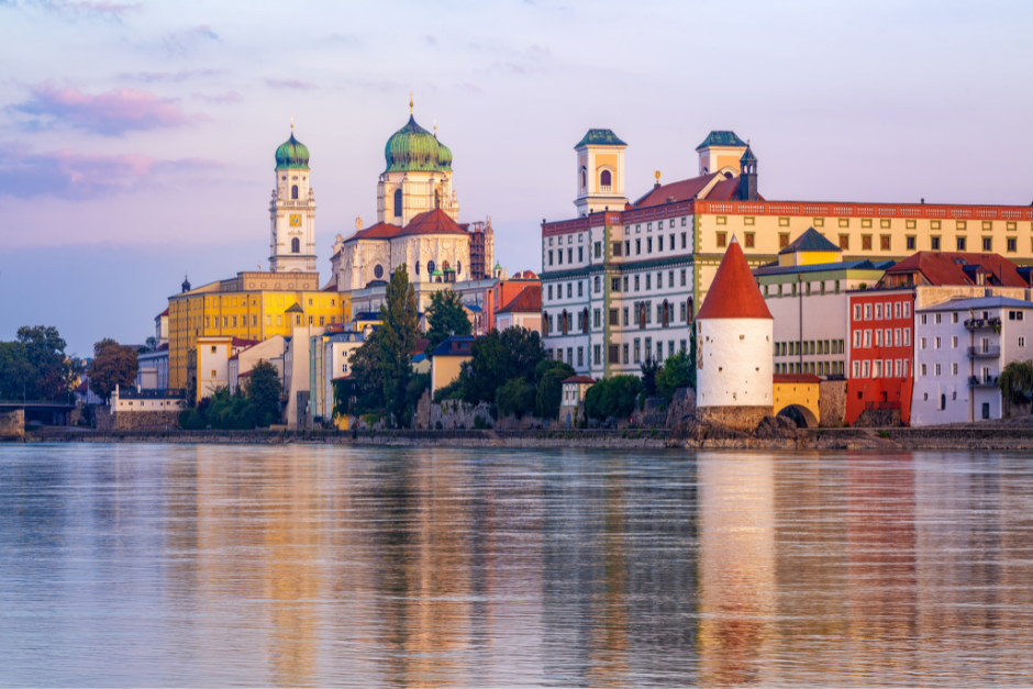 Passau, Historical Baroque old town, Germany reflecting in Inn River