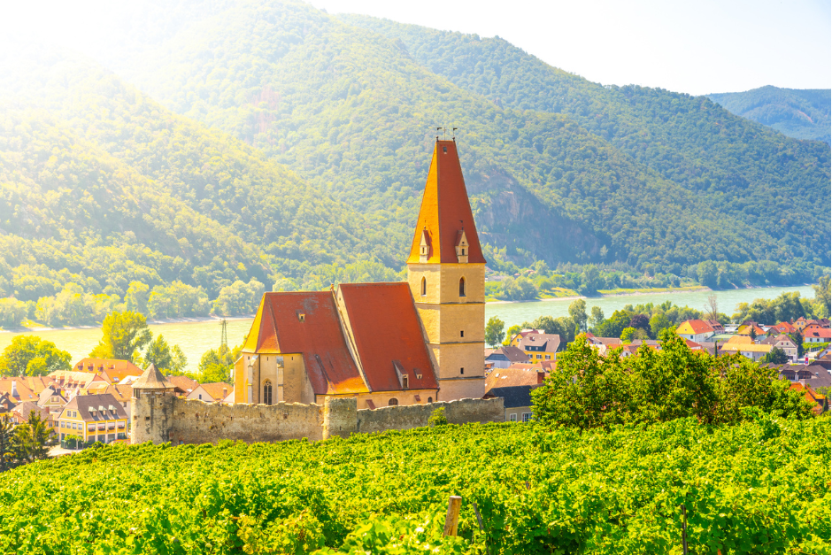 Weissenkirchen village with vineyards against Danube river in Wachau valley, Austria