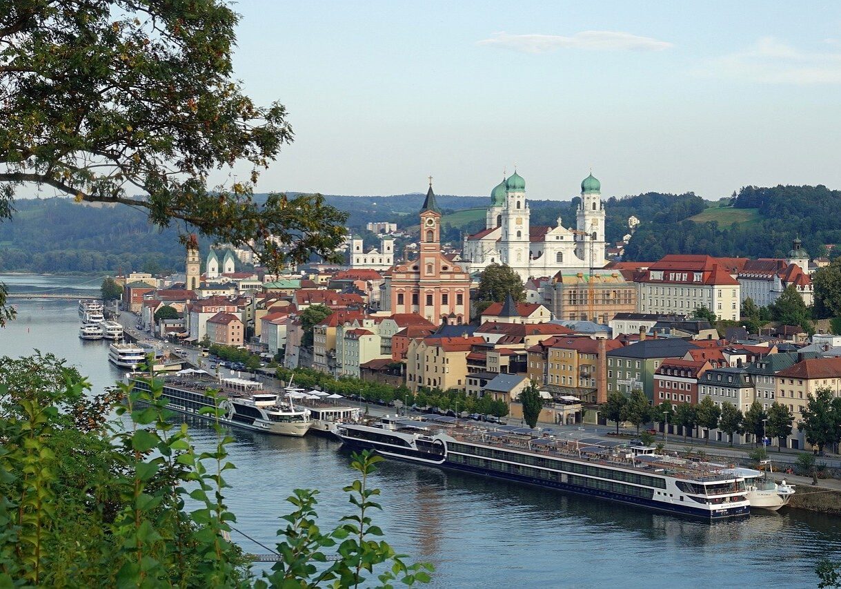 Passau Germany view of Danube river and river cruise ships
