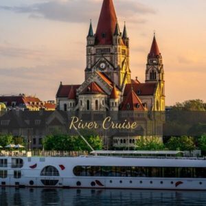 river cruise ship by Church on Danube river